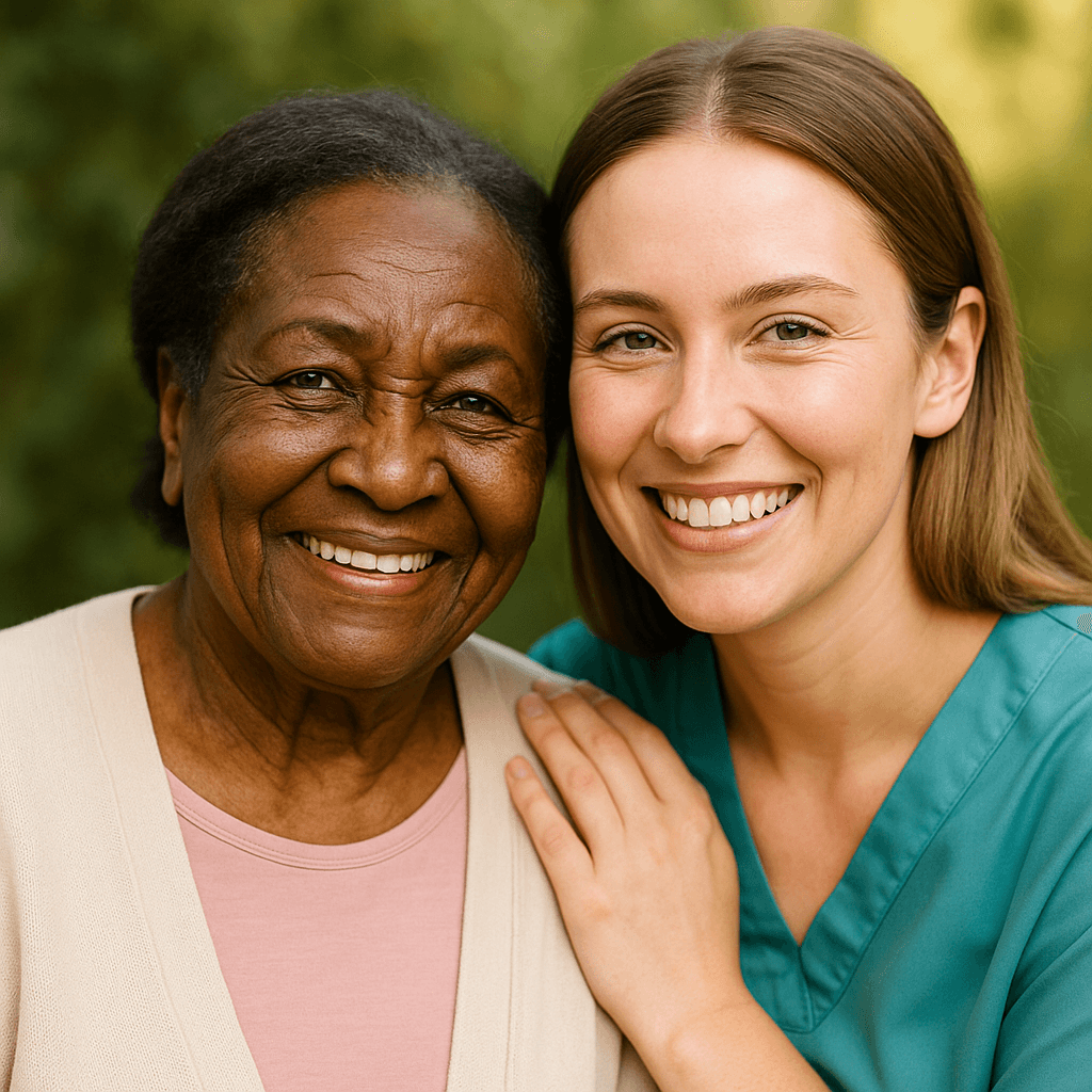 Cuidadora e idosa sorrindo - Cuide-me conecta famílias a profissionais de confiança