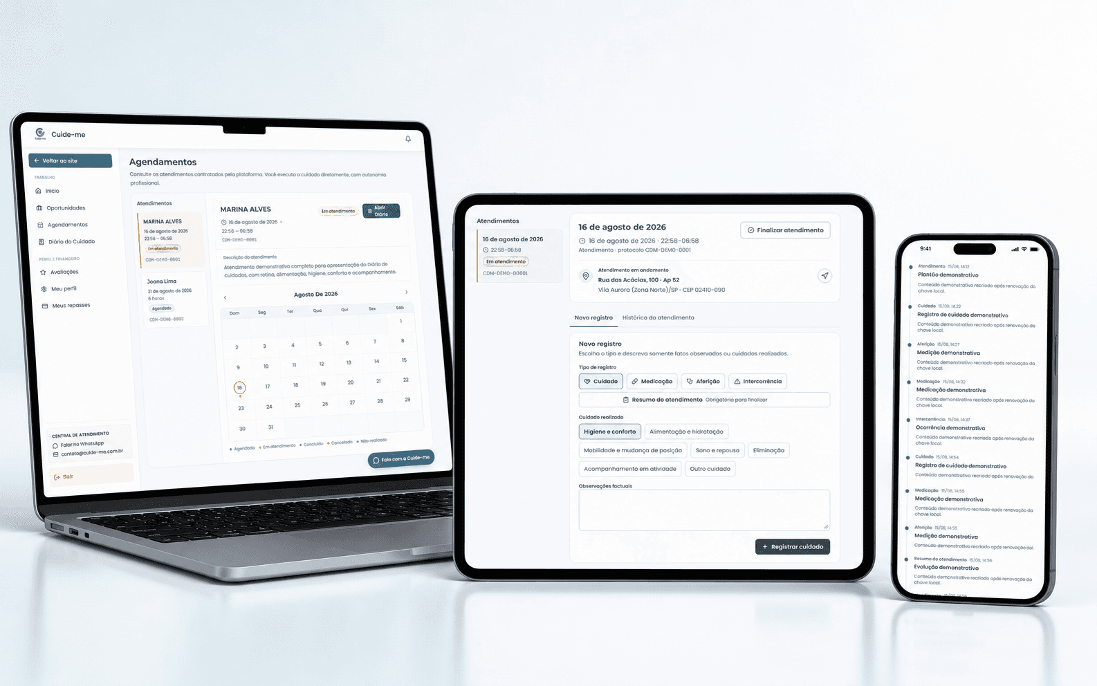 Agendamentos, registro do cuidado e histórico apresentados em notebook, tablet e celular