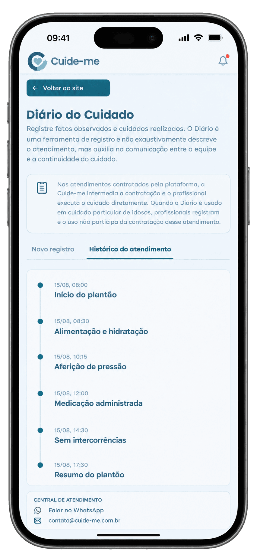 O aplicativo Cuide-me aberto no Diário do Cuidado.